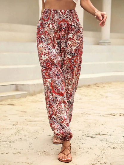 Women's Harem Trousers - Bohemian Elephant Print - Loose Fit - Elastic Waist & Cuffs