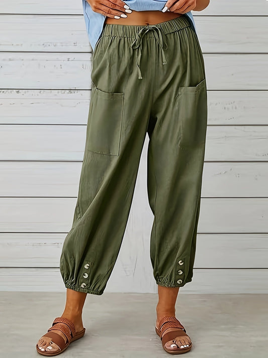Women's Casual Trousers - Elastic Waist & Drawstring - Relaxed Fit - Buttoned Cuffs