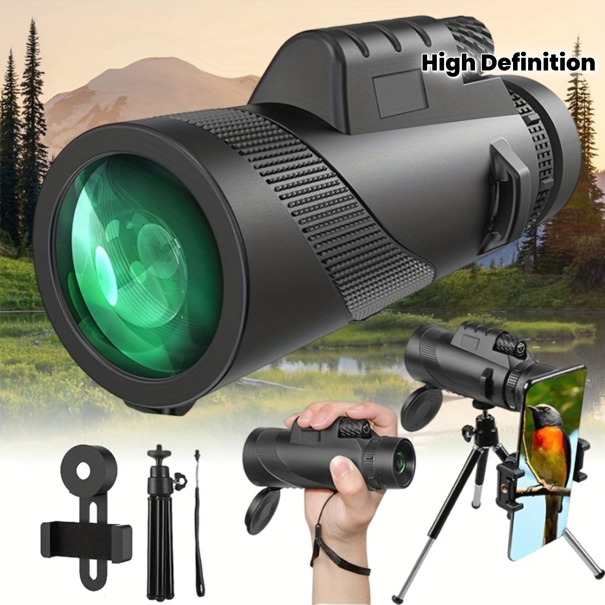 High Definition Monocular Telescope | Zoom Lens with Tripod & Phone Mount